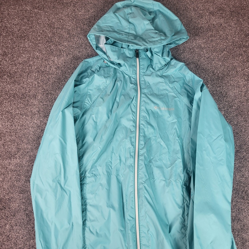 Columbia Womens Switchback II Rain Jacket Teal Aqua Blue Hooded Windbreaker M